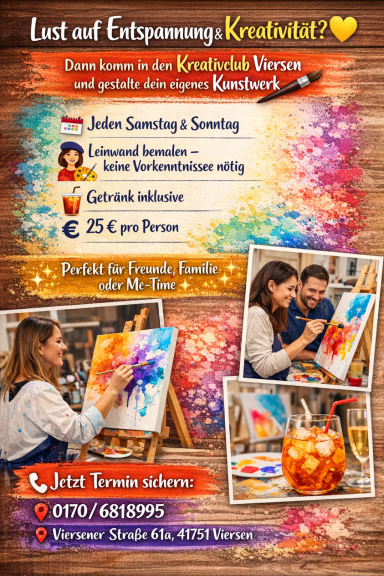 DIY Leinwand-Bemalen Jetzt für alle Altersklassen DIY jeden Samstag und Sontag kreatives Leinwand-Bemalen für nur 20 Euro pro Person. Nur mit Buchung möglich.